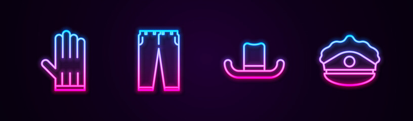 Set line Leather glove, Pants, Man hat and Police cap with cockade. Glowing neon icon. Vector.