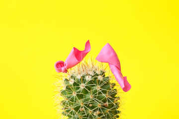 Cactus and popped air balloon on color background