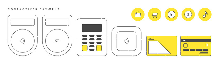 キャッシュレス決済のイラスト。クレジットカードと端末。非接触型決済のアイコンセット。