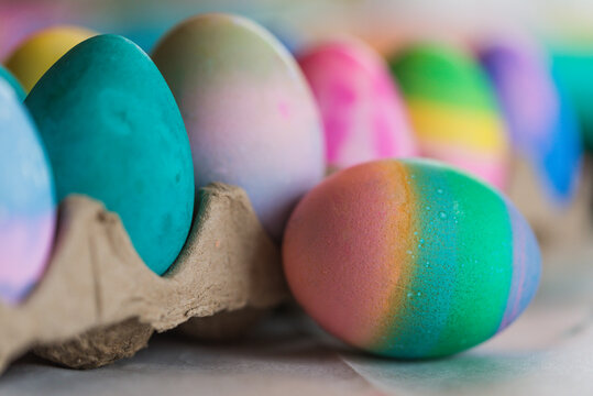 Close-up of colorful Easter eggs on table at home