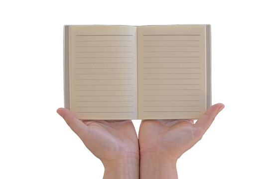 women hand holding   open book ,Mock up template for adding your content and add text isolated on white background with clipping path
