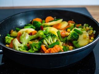 Mix of vegetables cooking in frying pan
