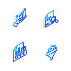 Set Isometric line Document with search, Pie chart infographic, and lock and Sales funnel gear icon. Vector.
