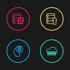 Set line Human head with lock, Password protection, Server, Data, Web Hosting and shield icon. Vector.