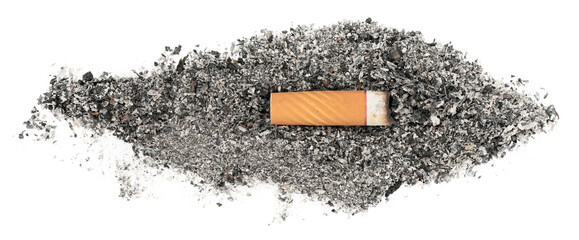 Cigarette butt with ash isolated on white background. goby consumed cigarettes. Stop smoking