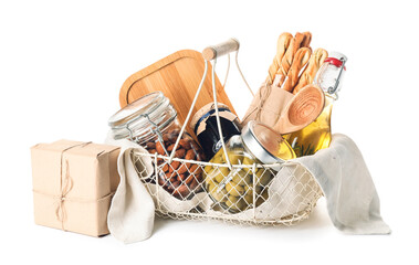 Gift basket with products on white background