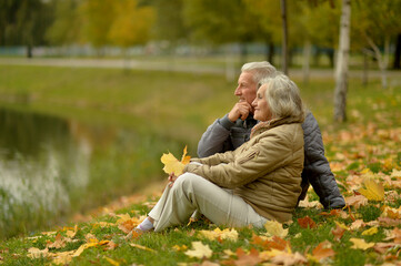 Fototapeta premium beautiful happy senior couple relaxing in park with autumn leaves