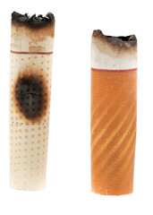 Cigarette butt with ash isolated on white background. goby consumed cigarettes. Stop smoking