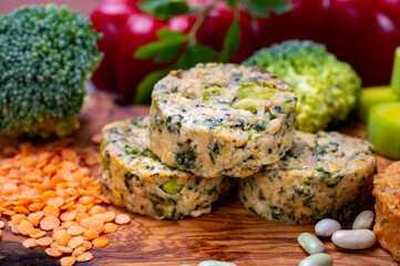 Small tasty vegan and vegetarian burgers made from fresh vegetables and dried legumes and beans