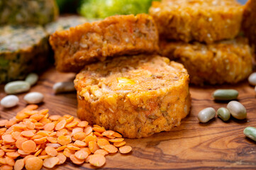Small tasty vegan and vegetarian burgers made from fresh vegetables and dried legumes and beans