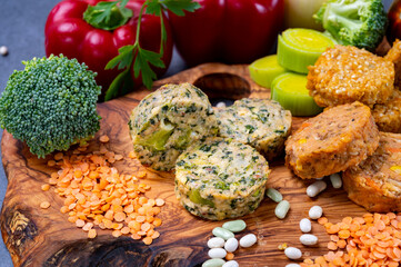 Small tasty vegan and vegetarian burgers made from fresh vegetables and dried legumes and beans
