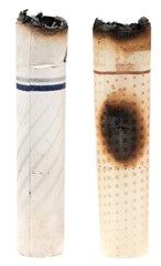 Cigarette butt with ash isolated on white background. goby consumed cigarettes. Stop smoking