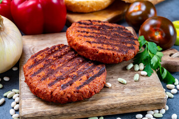 Tasty grilled burger made with vegetarian plant based imitation minced meat