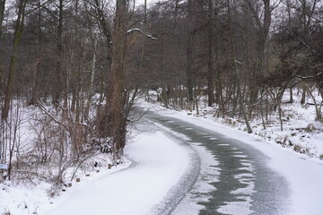 Obraz premium Weiße, winterliche Spreewaldlandschaft mit zugefrorenem Fluss