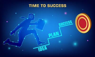 Steps to success - businessman running up a stairway with the words: vision, goal, strategy, action and success. Business, career and personal goals concept.