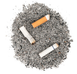 Cigarette butt with ash isolated on white background. goby consumed cigarettes. Stop smoking