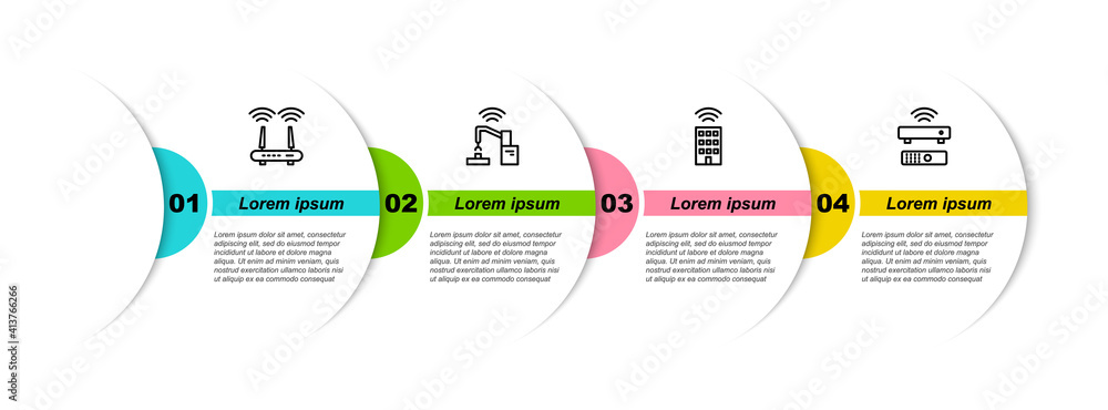 Poster set line router and wi-fi signal, robotic robot arm hand factory, smart home with wireless and wirel