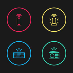 Set line Wireless keyboard, Smart radio, flasher siren and smartphone icon. Vector.