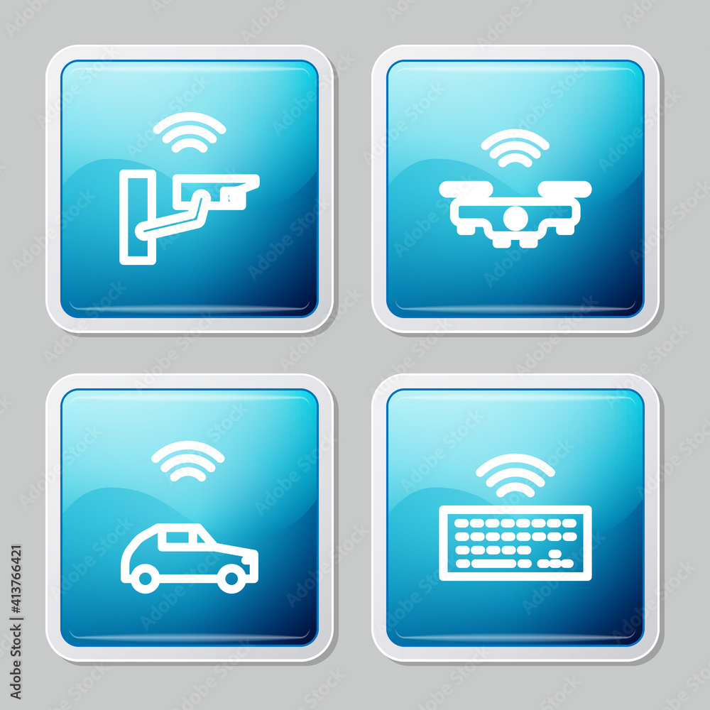 Poster set line smart security camera, drone, car system with wireless and wireless keyboard icon. vector.