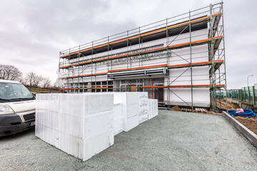 New building construction site. Styrofoam storage