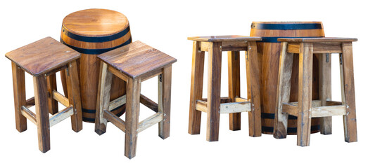 Old wooden stool and Antique wood bucket isolated on white background, high resolution image