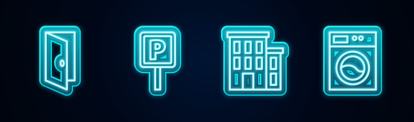 Set line Closed door, Parking, House and Washer. Glowing neon icon. Vector.
