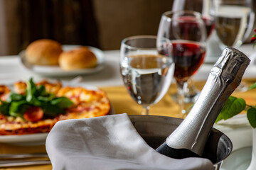 Delicious pizza served on white table.