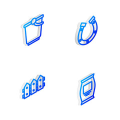 Set Isometric line Horseshoe, Bucket, Garden fence wooden and Fertilizer bag icon. Vector.