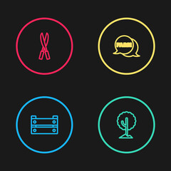 Set line Wooden box, Tree, Speech bubble with Farm and Gardening handmade scissors icon. Vector.