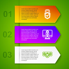 Set line Lock and check mark, on computer monitor, Password protection and Server with shield. Business infographic template. Vector.