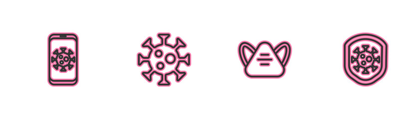 Set line Virus statistics on mobile, Medical protective mask, and Shield protecting from virus icon. Vector.