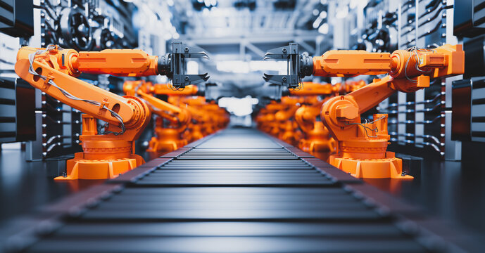 Robotic arms along assembly line in modern factory.
