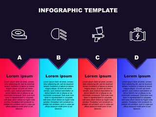 Set line Scotch tape, High beam, Paint spray gun and Check engine. Business infographic template. Vector.