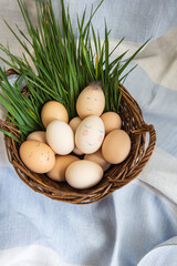 Beautiful painted Easter eggs with a cute face lie in a wooden basket along with fresh green grass.