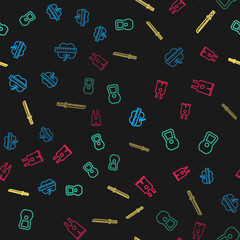 Set line Apple and measuring tape, Kettlebell, Japanese katana and Wrestling singlet on seamless pattern. Vector.