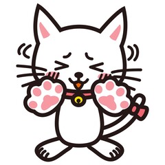 手を振って謙遜する白い猫