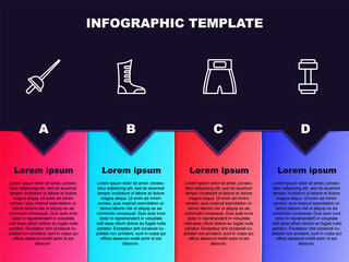 Set line Fencing, Sport boxing shoes, Boxing short and Dumbbell. Business infographic template. Vector.