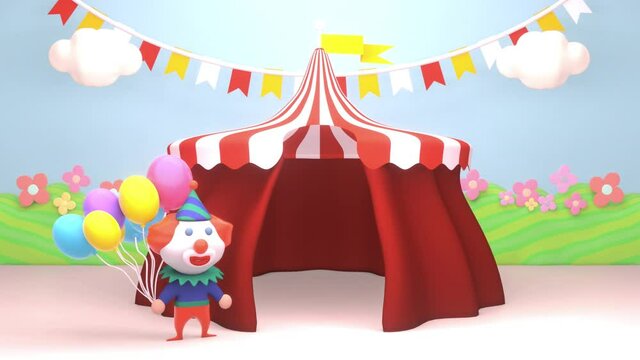 Looped cartoon circus clown holding colorful balloons animation.