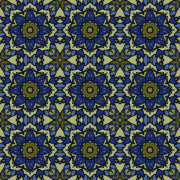 Modern abstrract seamless  mandala pattern in gold yellow blue for decoration, paper wallpaper, tiles, textiles, neckerchief, carpet. Home decor, interior design, cloth design.