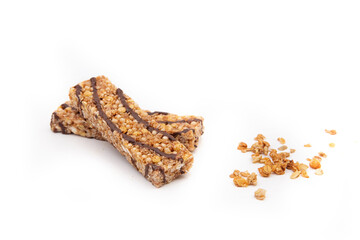 Energy bars with granola and chocolate on a white background.