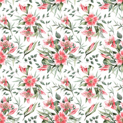 Hand drawn watercolor pattern. Spring pattern with pink lilies and green leaves, Great for clothing, fabric, textile, wallpaper, decor, invitation cards, etc.