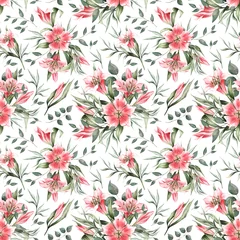 Tuinposter Hand drawn watercolor pattern. Spring pattern with pink lilies and green leaves, Great for clothing, fabric, textile, wallpaper, decor, invitation cards, etc. © Siawi_art
