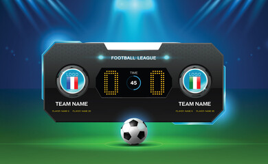 soccer football stadium spotlight and scoreboard background with glitter light