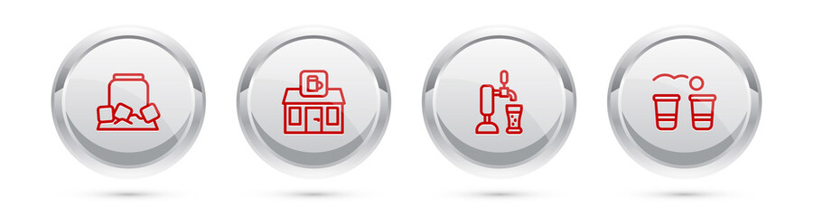 Set line Cold beer can, Store building of shop, Beer tap with glass and pong game. Silver circle button. Vector.