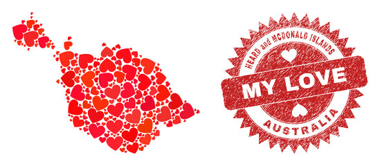 Vector mosaic Heard and McDonald Islands map of valentine heart elements and grunge My Love badge. Mosaic geographic Heard and McDonald Islands map constructed with valentine hearts.