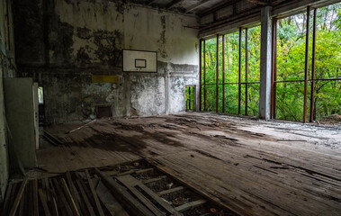 Fototapeta na wymiar old abandoned ruined basketball court gym in lost school with trees going inside 