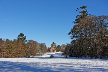 The ruins of the Letham Grange Mansion House, formerly a Hotel on an abandoned golf Course, with deep snow covering the Fairways.