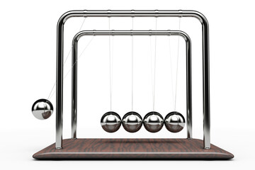 Newton's cradle in action. White background.