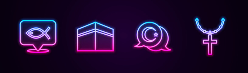 Set line Christian fish, Kaaba mosque, Star and crescent and cross on chain. Glowing neon icon. Vector.