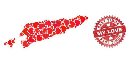 Vector mosaic East Timor map of love heart items and grunge My Love stamp. Mosaic geographic East Timor map constructed with valentine hearts.